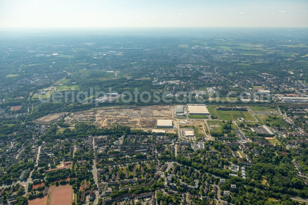 Gelsenkirchen from above - Grounds of the future industrial park Schalker Verein East of the logistics center of Wheels Logistics in Gelsenkirchen in the state of North Rhine-Westphalia. The center is part of the newly developed commercial area East on Schalker Verein