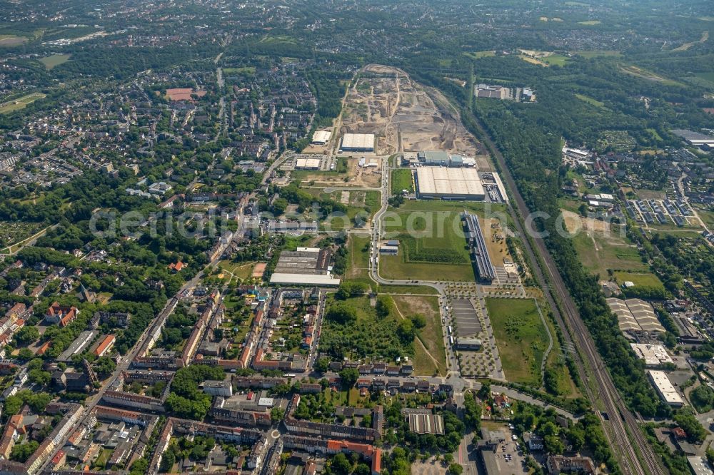 Gelsenkirchen from the bird's eye view: Grounds of the future industrial park Schalker Verein East of the logistics center of Wheels Logistics in Gelsenkirchen in the state of North Rhine-Westphalia. The center is part of the newly developed commercial area East on Schalker Verein