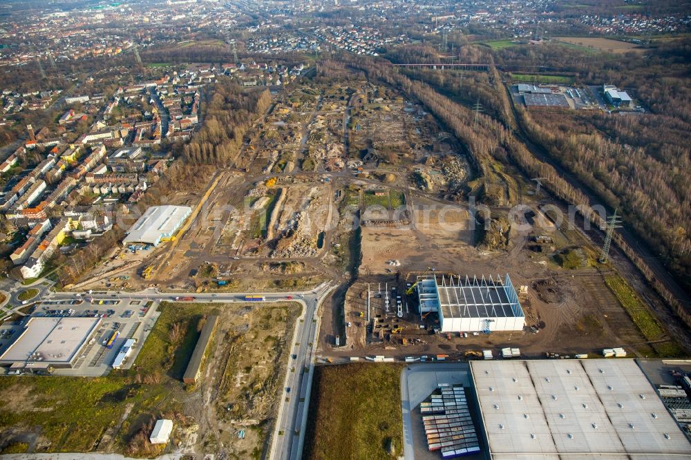 Gelsenkirchen from above - Grounds of the future industrial park Schalker Verein East of the logistics center of Wheels Logistics in Gelsenkirchen in the state of North Rhine-Westphalia. The center is part of the newly developed commercial area East on Schalker Verein