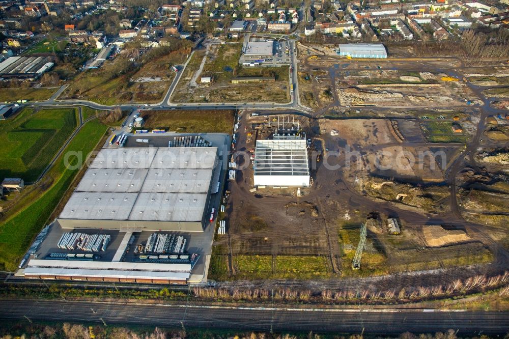 Gelsenkirchen from the bird's eye view: Grounds of the future industrial park Schalker Verein East of the logistics center of Wheels Logistics in Gelsenkirchen in the state of North Rhine-Westphalia. The center is part of the newly developed commercial area East on Schalker Verein