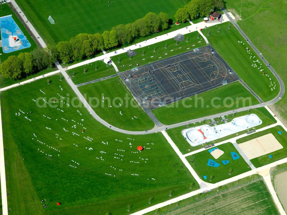 Neu-Ulm from above - Gelände der LaGa Landesgartenschau Neu-Ulm in Bayern. Grounds of the state garden show Neu-Ulm in Bavaria.