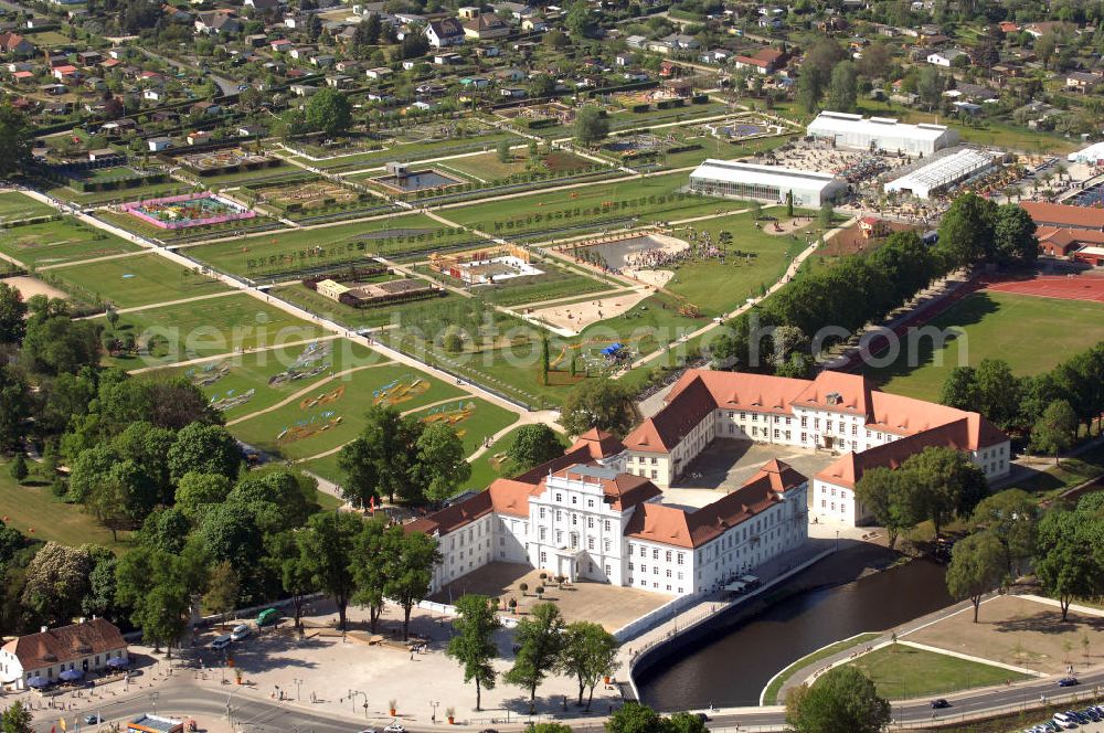 ORANIENBURG from the bird's eye view: Blick auf das Gelände der LAGA Landesgartenschau 2009 am Oranienburger Schloß. Landesgartenschau Oranienburg 2009 GmbH, Breite Straße 1, 16515 Oranienburg, Tel.: 0 33 01-60 0-8 30