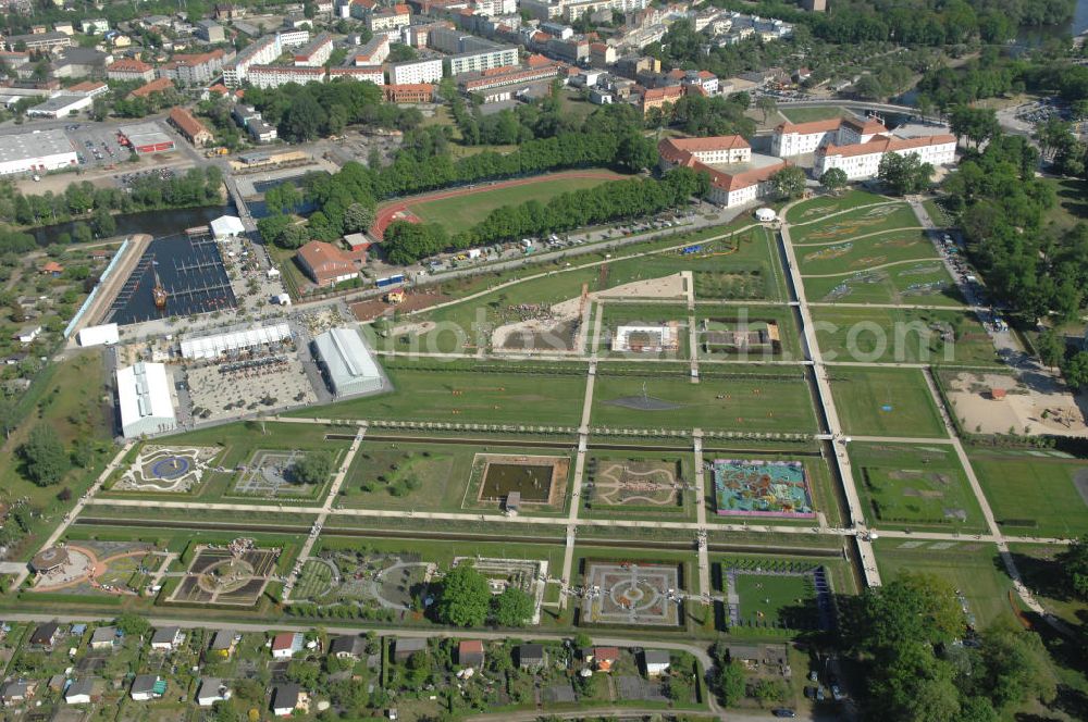 ORANIENBURG from the bird's eye view: Blick auf das Gelände der LAGA Landesgartenschau 2009 am Oranienburger Schloß. Landesgartenschau Oranienburg 2009 GmbH, Breite Straße 1, 16515 Oranienburg, Tel.: 0 33 01-60 0-8 30