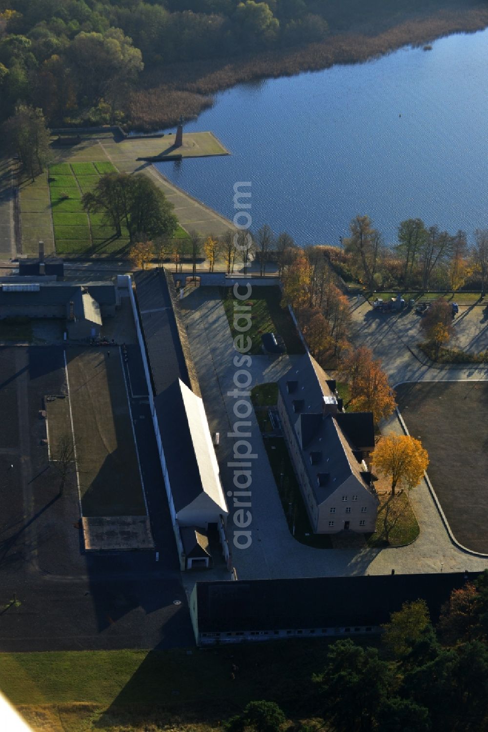 Aerial image Fürstenberg/Havel - Site of the dunning u. Memorial of the former concentration camp Ravensbrück concentration camp on the road of the nations in Fürstenberg / Havel in Brandenburg