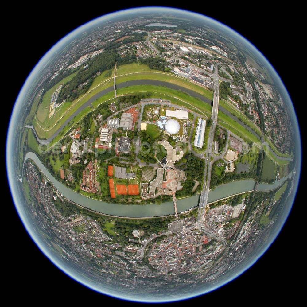 Dorsten from above - Fish Eye look at the theme park, the swimming bath, the Olymp-sports park, and the ice rink of the area Maria-Lindenhof. The ground is located on the island between the river Lippe and the sewer Wesel-Datteln of the town of Dorsten in the county of Recklinghausen in North Rhine-Westphalia