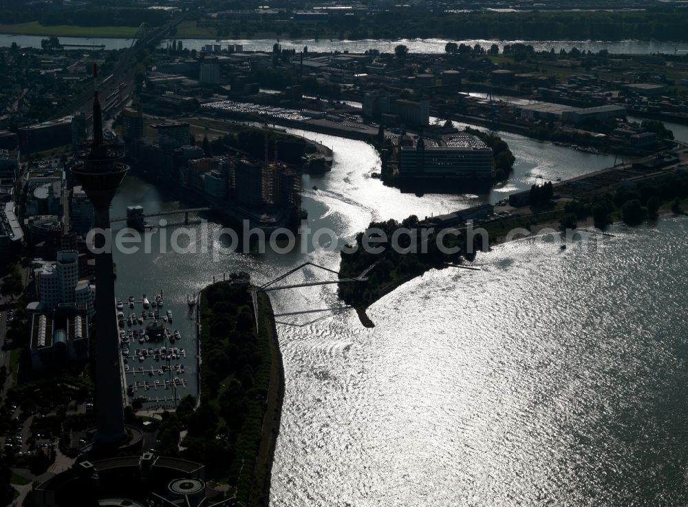 Düsseldorf from the bird's eye view: Site of the Düsseldorf media harbor on the banks of the Rhine in North Rhine-Westphalia