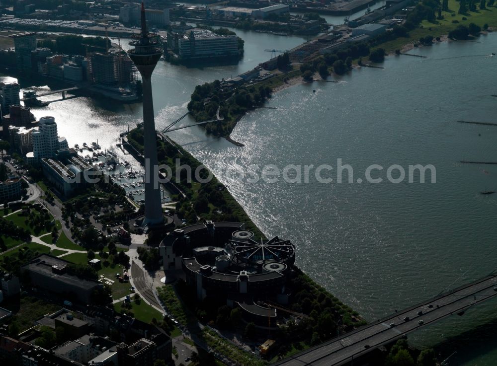 Aerial image Düsseldorf - Site of the Düsseldorf media harbor on the banks of the Rhine in North Rhine-Westphalia