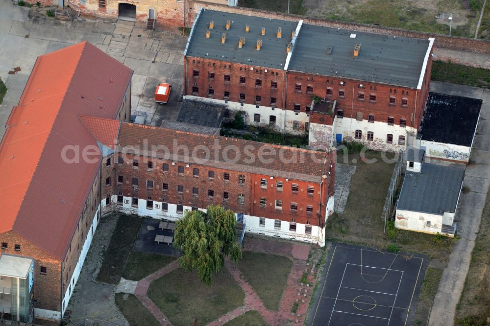 Cottbus from the bird's eye view: Compound of the human rights centre in the former prison of Cottbus in the state Brandenburg. The historic compound is a memorial site and museum of the association human rights centre