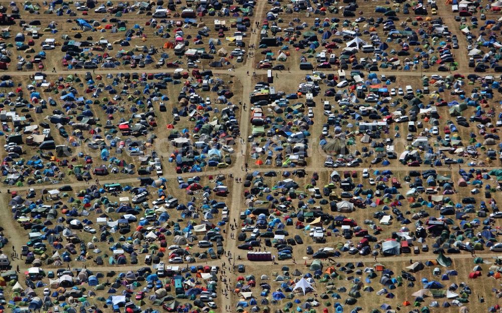 Aerial image Grünefeld - Participants in the Nation of Godwana- music festival on the event concert area in Gruenefeld in the state Brandenburg