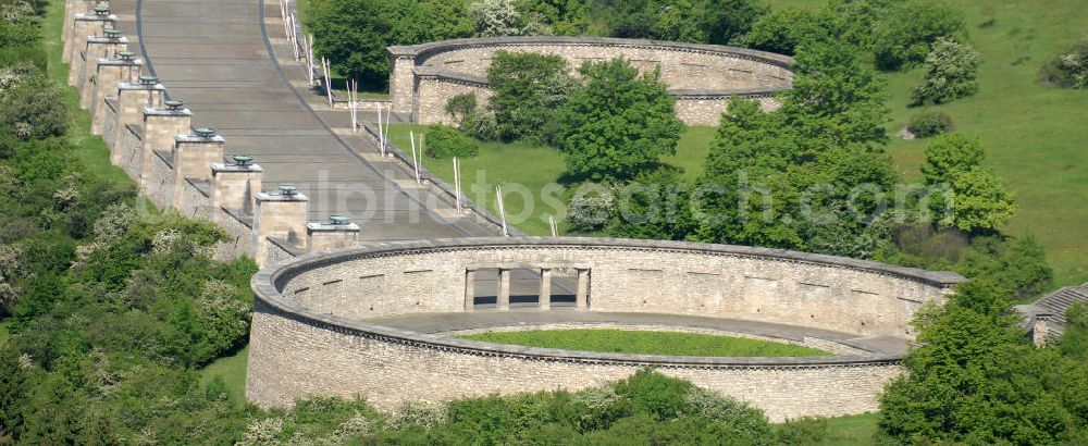 Aerial image Weimar - Buchenwald - Blick das Gelände der Nationalen Mahn- und Gedenkstätte auf dem Gelände des ehem. Konzentrationslagers KL Buchenwald. View the site of the National memorial at the site of former concentration camp Buchenwald.