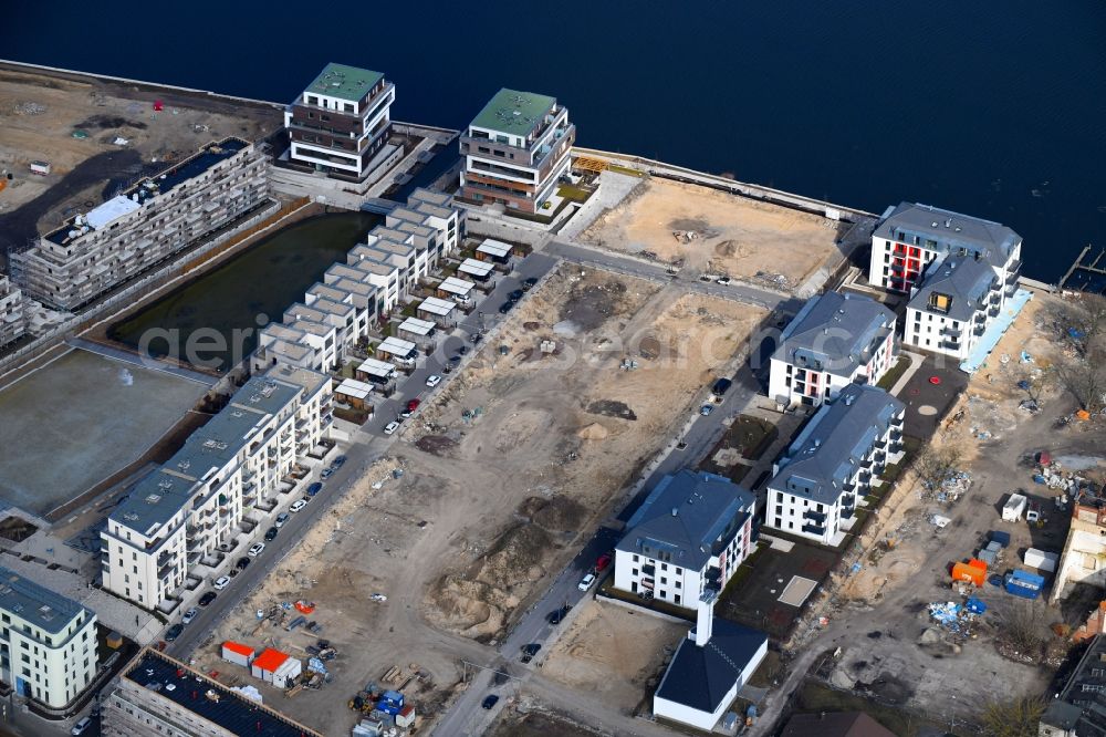 Aerial photograph Berlin - View of the area of the new construction project NeueWasserliebe - 52 Grad Nord Wohnen am Wasser in Berlin-Gruenau in the district of Gruenau in Berlin