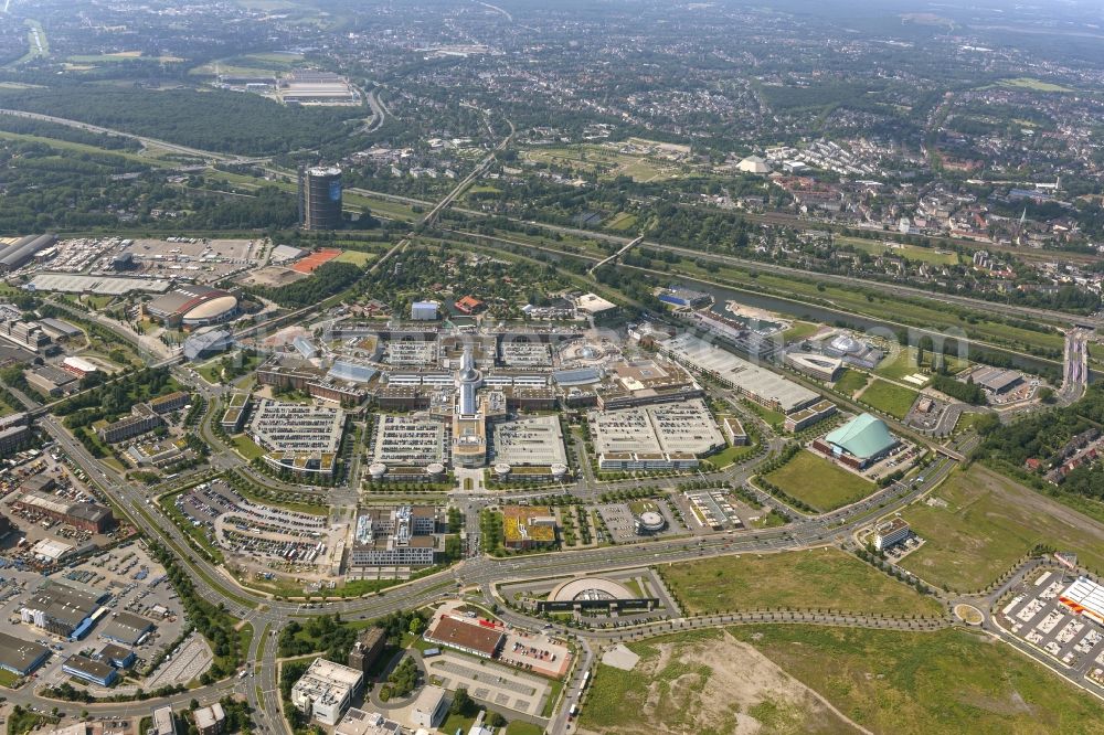 Oberhausen from above - Site of the new center on the Rhine-Herne Canal with the site of the shopping and leisure center CentrO at the former location of the steel plant in Oberhausen, North Rhine-Westphalia