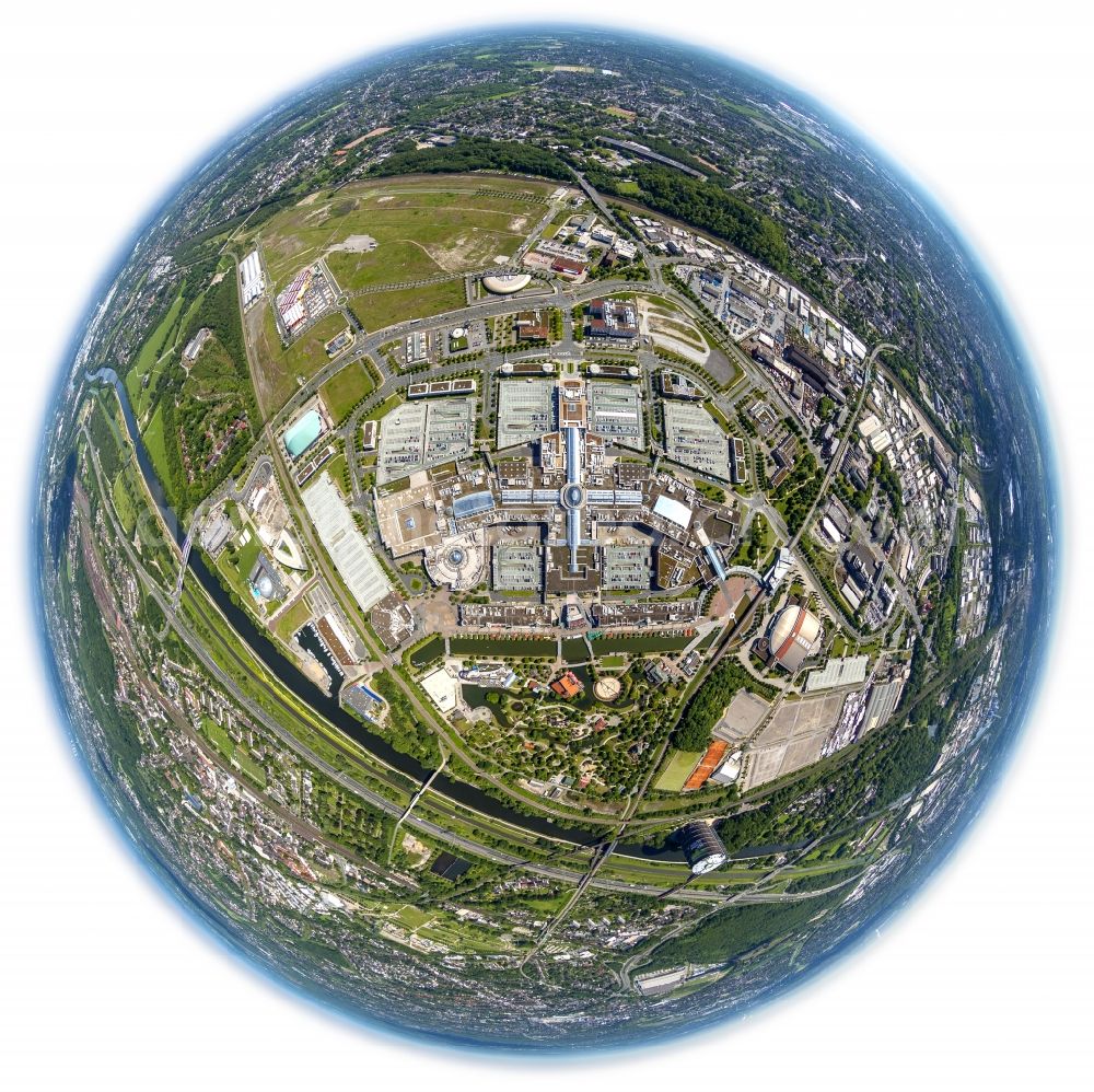 Aerial image Oberhausen - Fisheye view site of the new center on the Rhine-Herne Canal with the site of the shopping and leisure center CentrO at the former location of the steel plant in Oberhausen, North Rhine-Westphalia