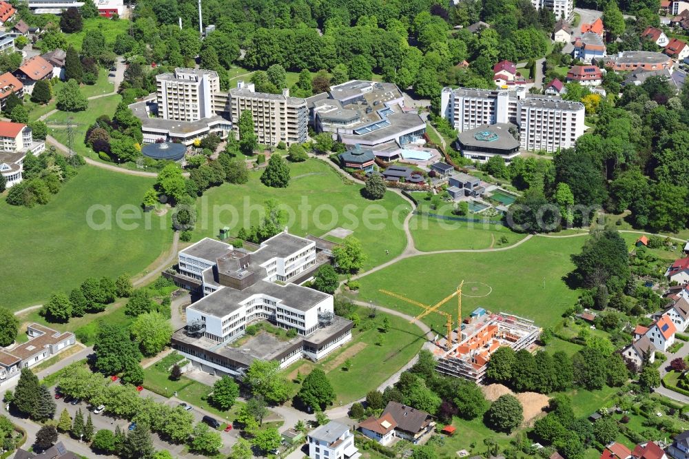 Aerial photograph Bad Säckingen - Hospital grounds of the former clinic and health resort in Bad Saeckingen in the state Baden-Wurttemberg, Germany. Construction works for the new kindergarten of the planned health campus