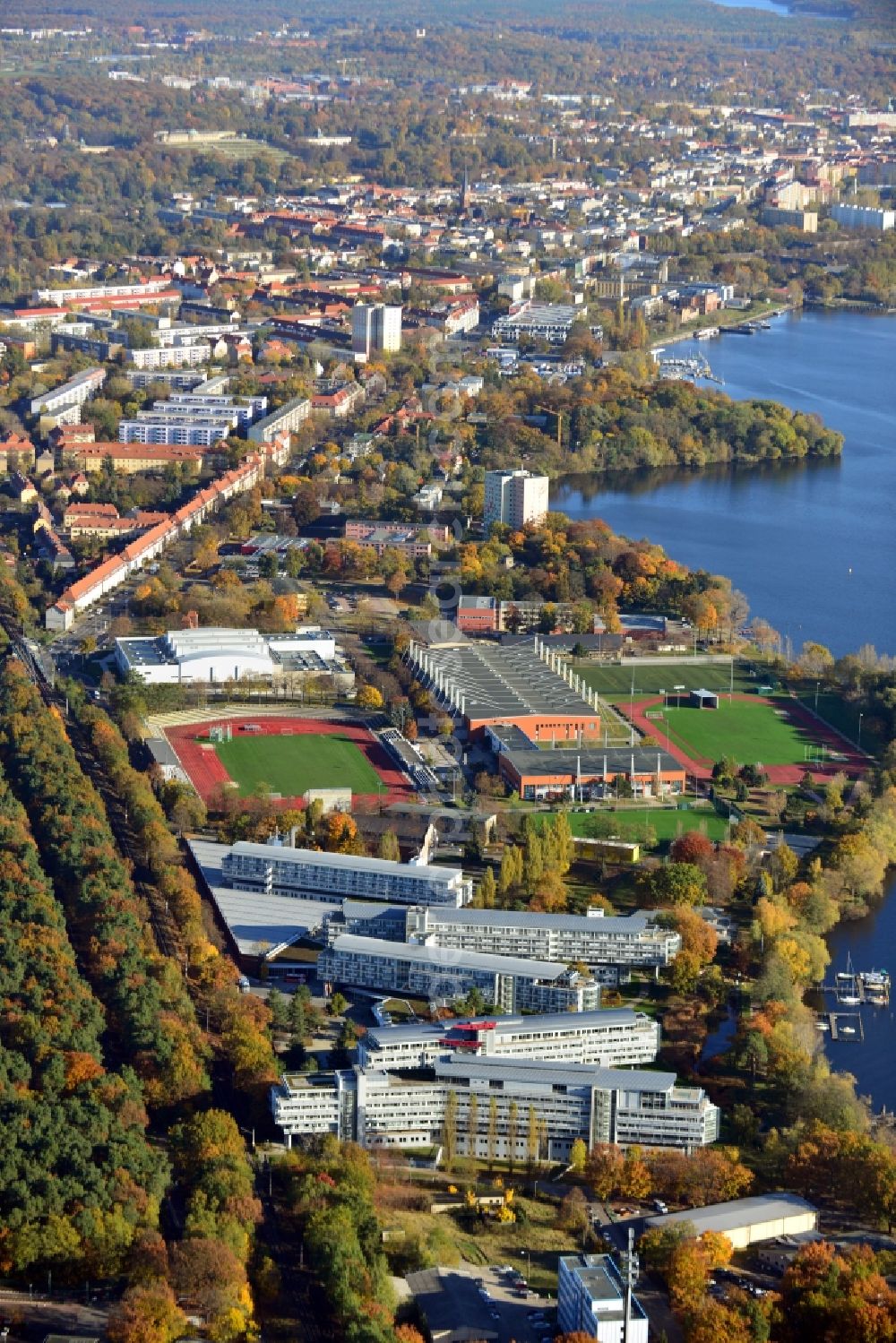 Aerial photograph Potsdam - View onto the area of the Olympischer Sportclub Potsdam Luftschiffhafen e.V. in Potsdam in the state Brandenburg. This area is located at the Templin Lake. You can also see the Stadium Luftschiffhafen. It belongs to the sport park Luftschiffhafen