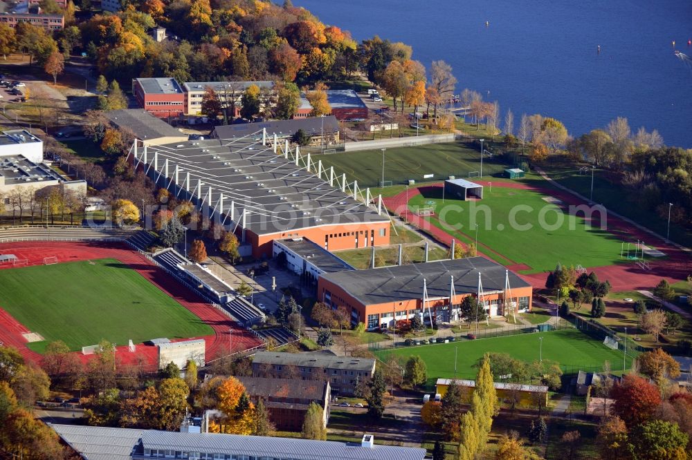 Potsdam from above - View onto the area of the Olympischer Sportclub Potsdam Luftschiffhafen e.V. in Potsdam in the state Brandenburg. This area is located at the Templin Lake. You can also see the Stadium Luftschiffhafen. It belongs to the sport park Luftschiffhafen