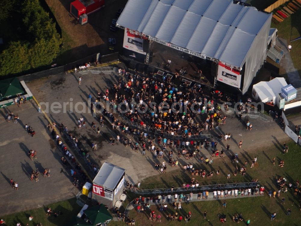 Eschwege from above - Participants in the Open Flair music festival on the event concert area in Eschwege in the state Hesse