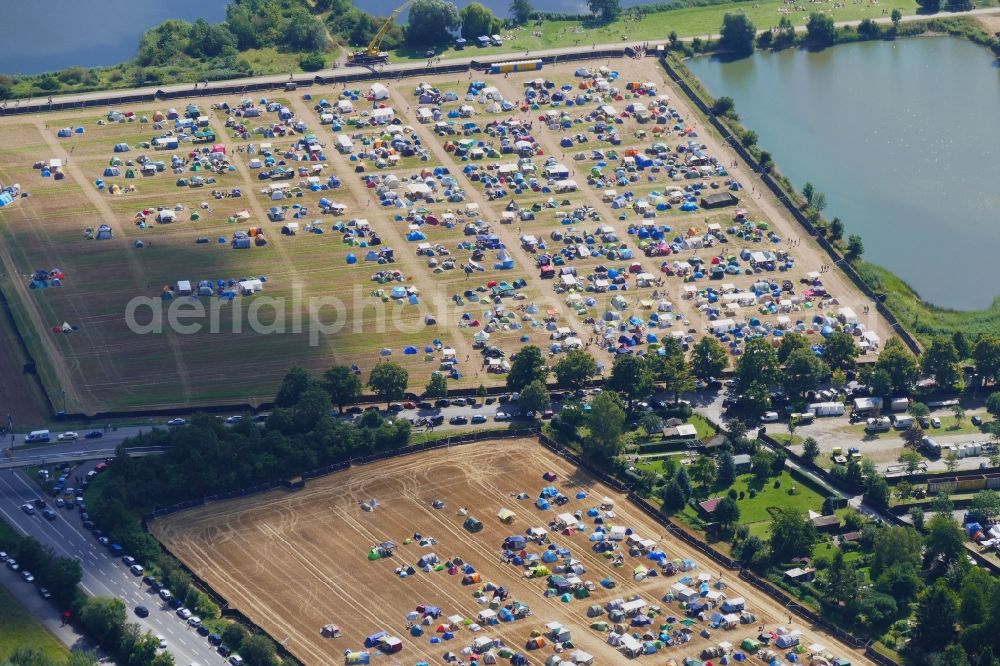 Eschwege from the bird's eye view: Participants in the Open Flair music festival on the event concert area in Eschwege in the state Hesse