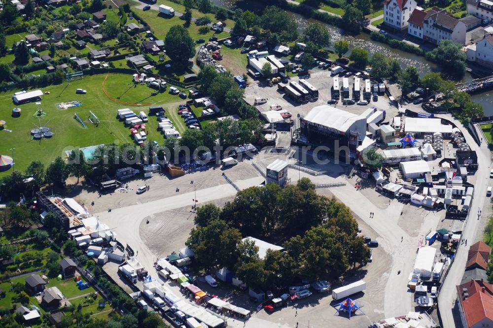 Eschwege from above - Participants in the Open Flair music festival on the event concert area in Eschwege in the state Hesse