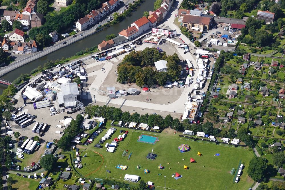 Eschwege from above - Participants in the Open Flair music festival on the event concert area in Eschwege in the state Hesse