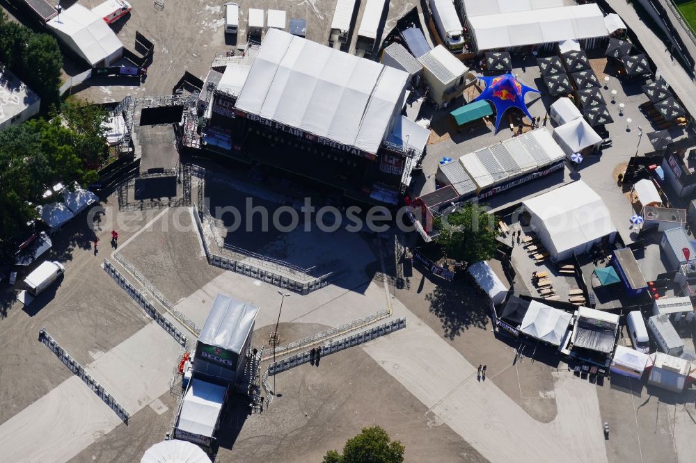 Eschwege from the bird's eye view: Participants in the Open Flair music festival on the event concert area in Eschwege in the state Hesse