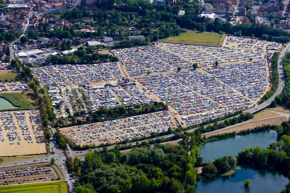 Aerial image Eschwege - Participants in the Open Flair music festival on the event concert area in Eschwege in the state Hesse, Germany