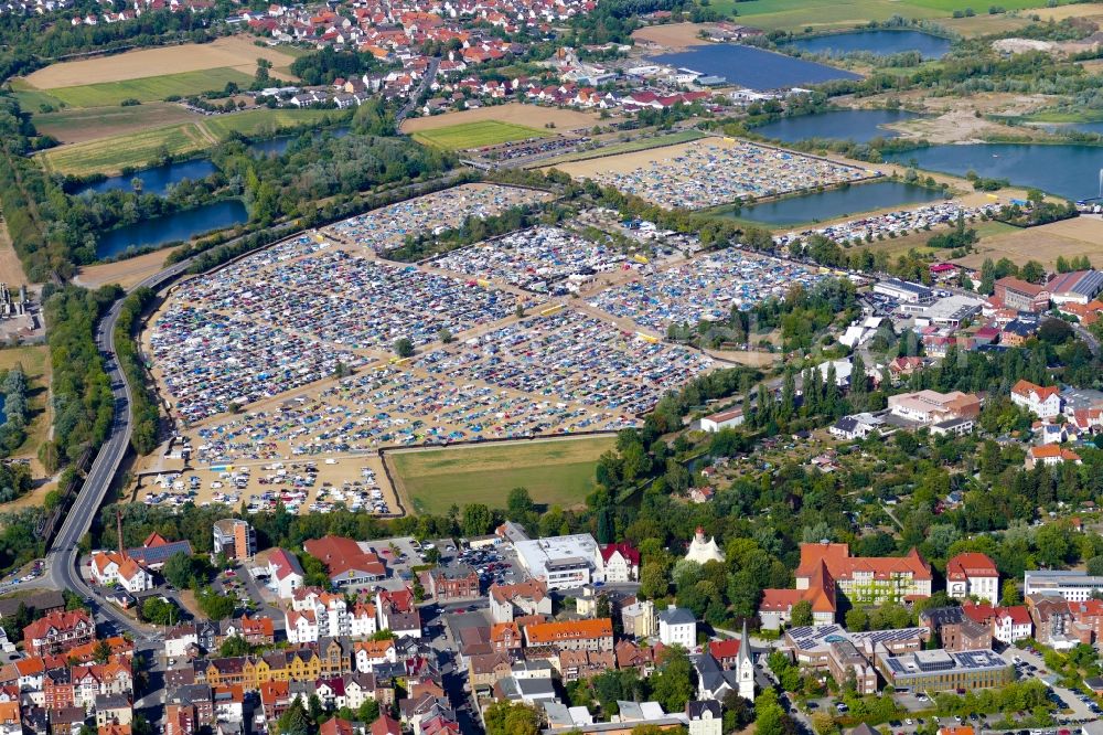 Eschwege from above - Participants in the Open Flair music festival on the event concert area in Eschwege in the state Hesse, Germany