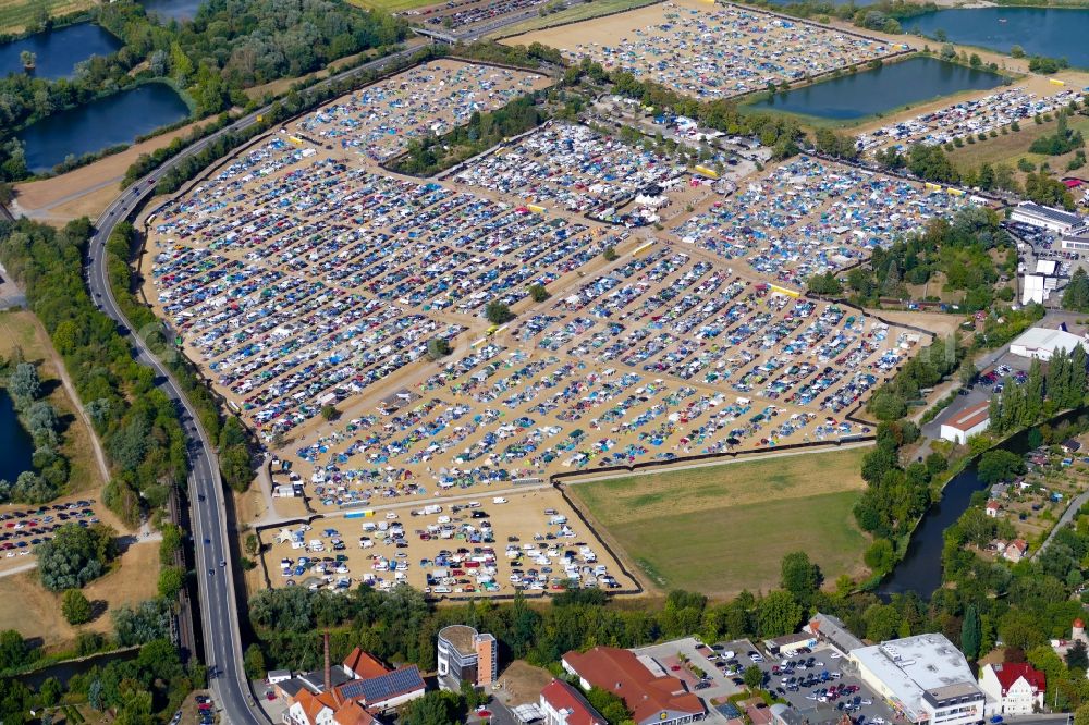 Eschwege from the bird's eye view: Participants in the Open Flair music festival on the event concert area in Eschwege in the state Hesse, Germany