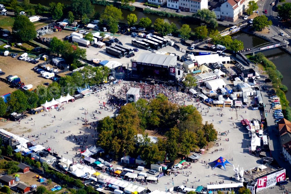 Aerial image Eschwege - Participants in the Open Flair music festival on the event concert area in Eschwege in the state Hesse, Germany