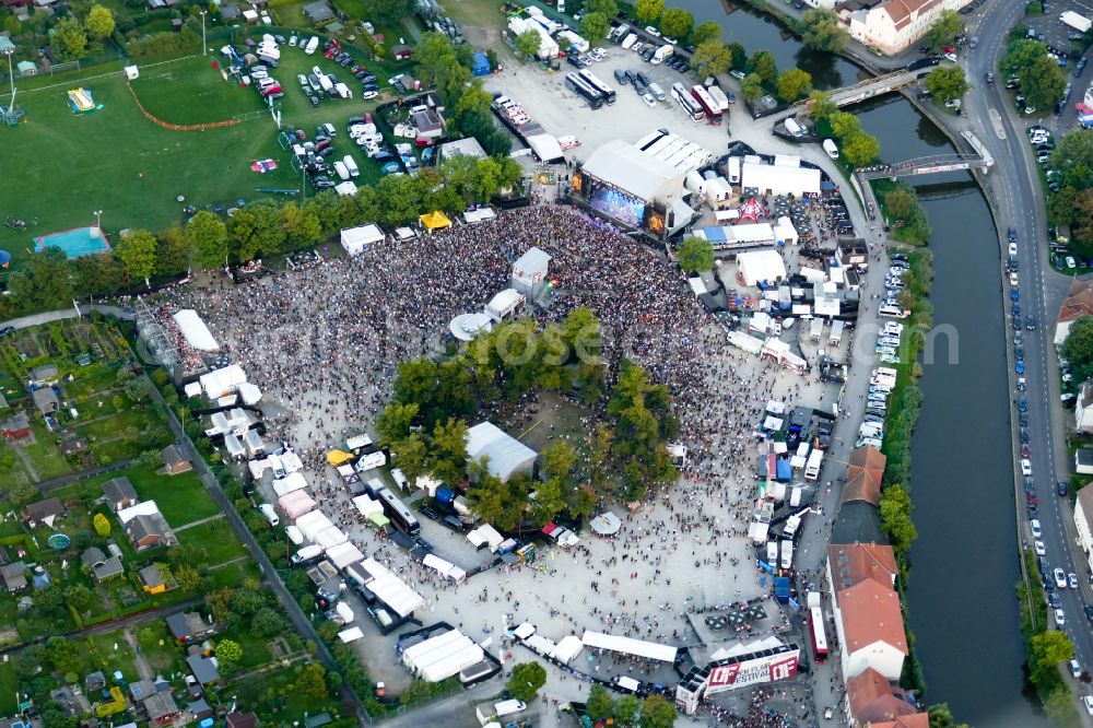 Aerial photograph Eschwege - Participants in the OPEN FLAIR music festival on the event concert area on street Mangelgasse in Eschwege in the state Hesse, Germany