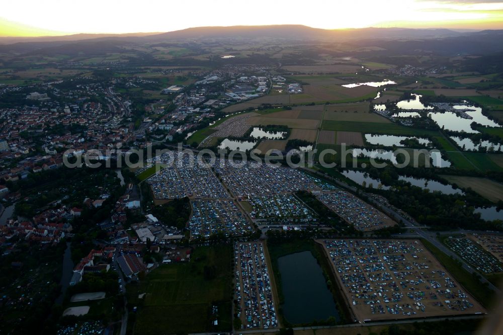 Eschwege from above - Participants in the OPEN FLAIR music festival on the event concert area on street Mangelgasse in Eschwege in the state Hesse, Germany