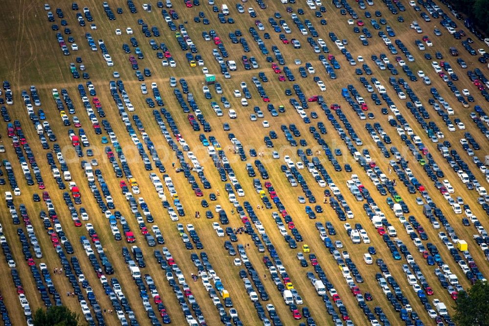 Aerial image Weeze - Participants in the PAROOKAVILLE - Electronic Music Festival music festival on the event concert area in Weeze in the state North Rhine-Westphalia, Germany