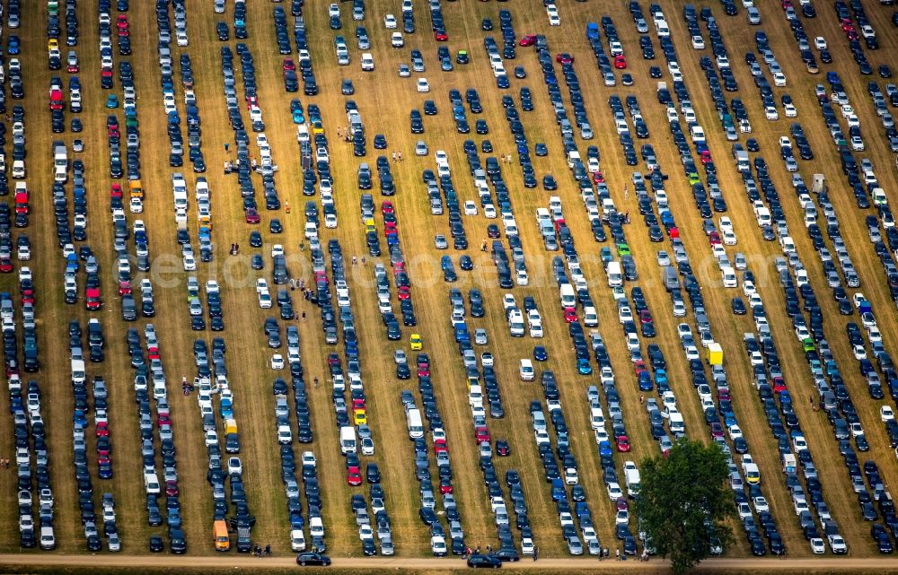 Weeze from above - Participants in the PAROOKAVILLE - Electronic Music Festival music festival on the event concert area in Weeze in the state North Rhine-Westphalia, Germany