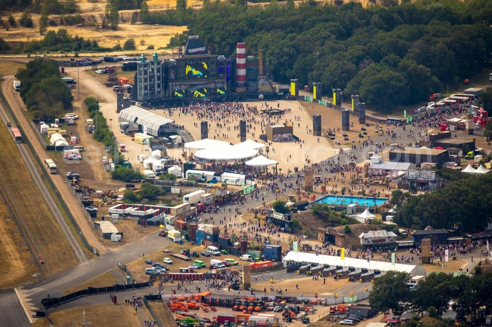 Aerial image Weeze - Participants in the PAROOKAVILLE - Electronic Music Festival music festival on the event concert area in Weeze in the state North Rhine-Westphalia, Germany