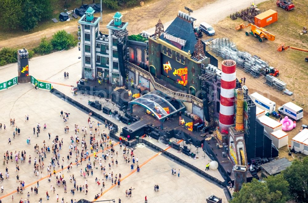 Aerial image Weeze - Participants in the PAROOKAVILLE - Electronic Music Festival music festival on the event concert area in Weeze in the state North Rhine-Westphalia, Germany