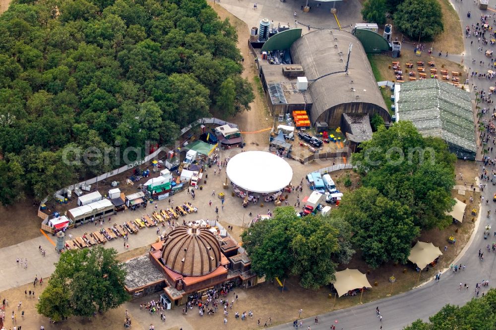 Aerial image Weeze - Participants in the PAROOKAVILLE - Electronic Music Festival music festival on the event concert area in Weeze in the state North Rhine-Westphalia, Germany