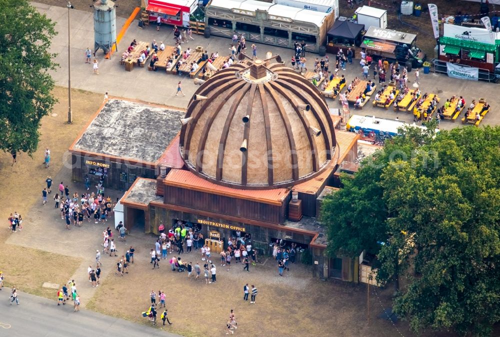 Weeze from above - Participants in the PAROOKAVILLE - Electronic Music Festival music festival on the event concert area in Weeze in the state North Rhine-Westphalia, Germany