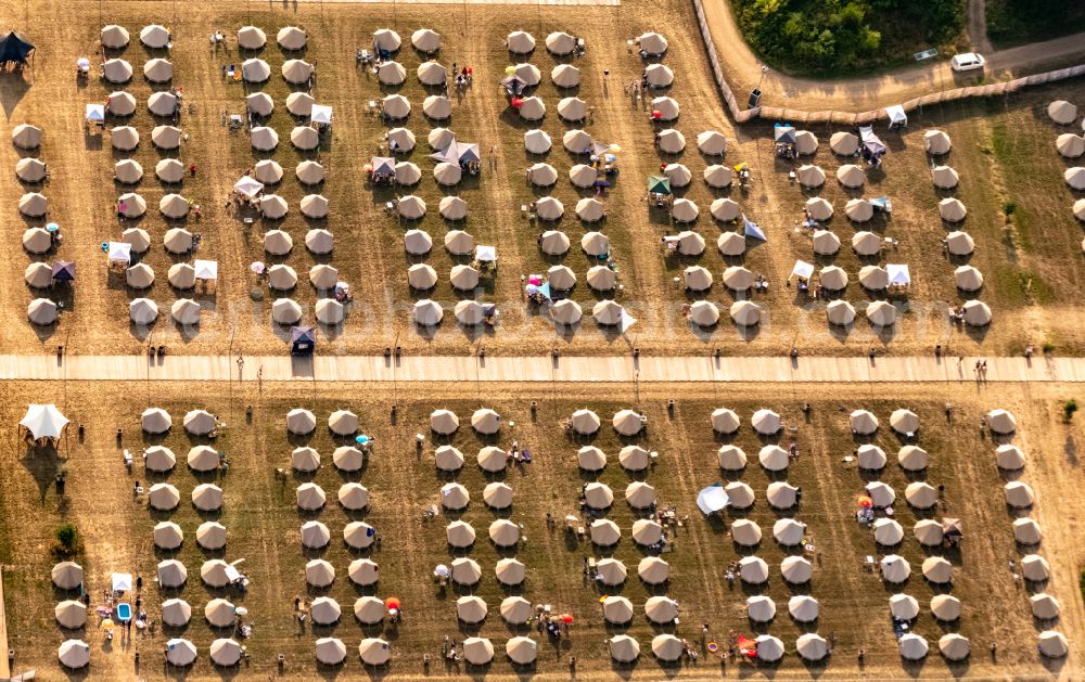 Weeze from above - Participants in the PAROOKAVILLE - Electronic Music Festival music festival on the event concert area in Weeze in the state North Rhine-Westphalia, Germany