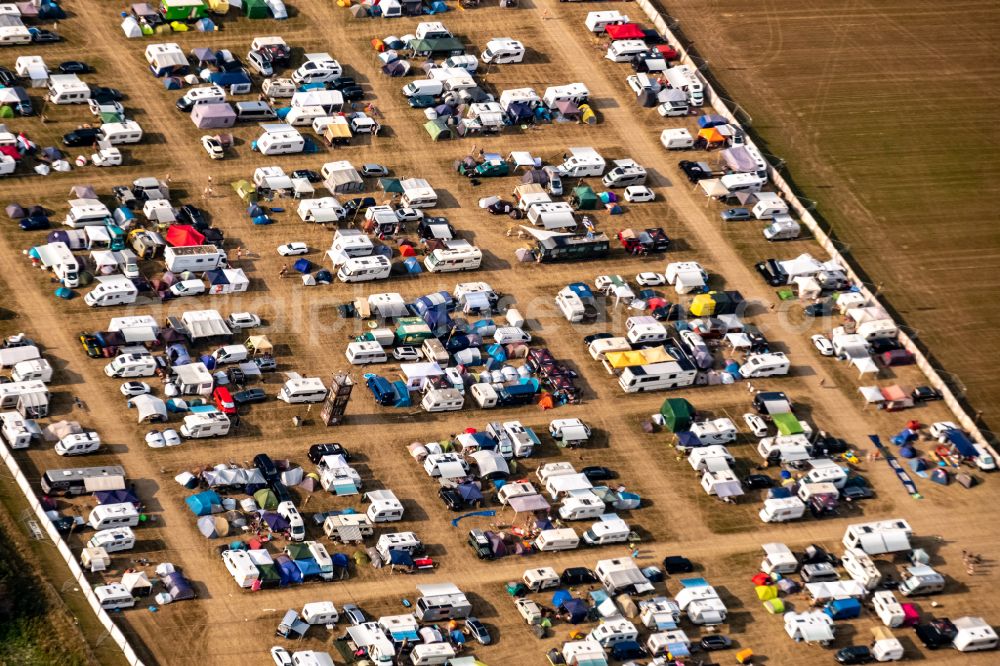 Aerial image Weeze - Participants in the PAROOKAVILLE - Electronic Music Festival music festival on the event concert area in Weeze in the state North Rhine-Westphalia, Germany