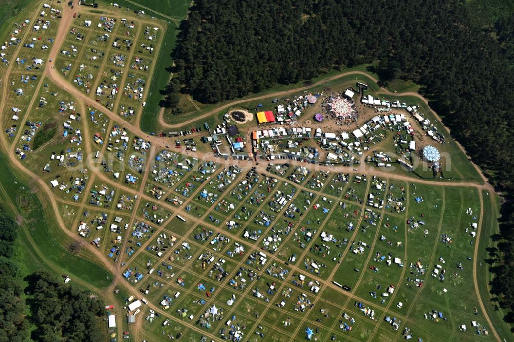 Aerial image Eldena - Participants in the Psychedelic Circus Festival - music festival on the event concert area in Eldena in the state Mecklenburg - Western Pomerania