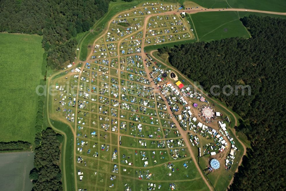 Aerial photograph Eldena - Participants in the Psychedelic Circus Festival - music festival on the event concert area in Eldena in the state Mecklenburg - Western Pomerania