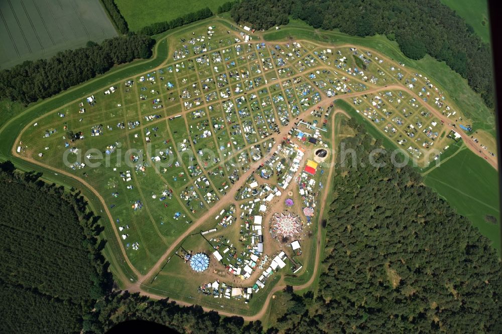 Eldena from above - Participants in the Psychedelic Circus Festival - music festival on the event concert area in Eldena in the state Mecklenburg - Western Pomerania