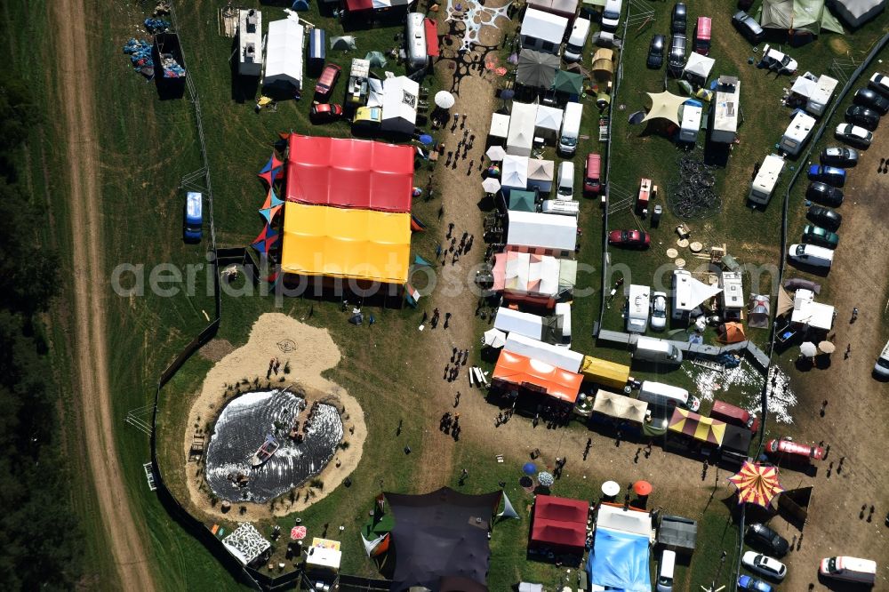 Aerial image Eldena - Participants in the Psychedelic Circus Festival - music festival on the event concert area in Eldena in the state Mecklenburg - Western Pomerania