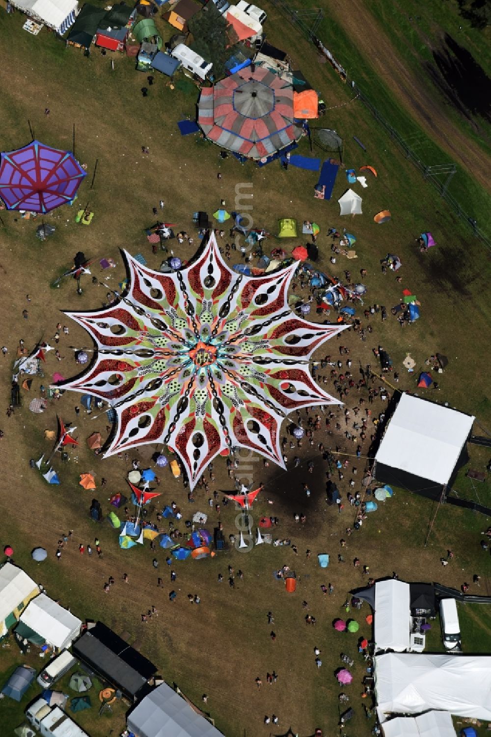 Aerial image Eldena - Participants in the Psychedelic Circus Festival - music festival on the event concert area in Eldena in the state Mecklenburg - Western Pomerania