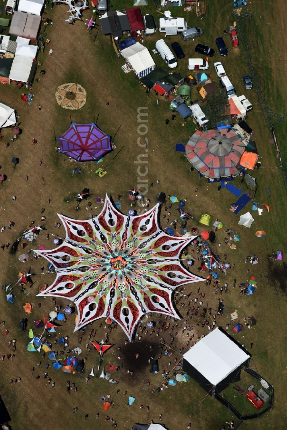 Aerial photograph Eldena - Participants in the Psychedelic Circus Festival - music festival on the event concert area in Eldena in the state Mecklenburg - Western Pomerania