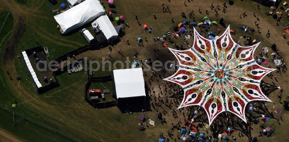 Aerial image Eldena - Participants in the Psychedelic Circus Festival - music festival on the event concert area in Eldena in the state Mecklenburg - Western Pomerania