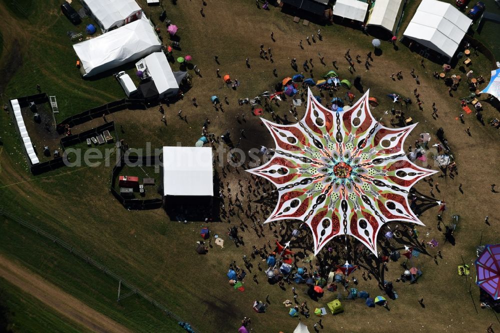 Aerial photograph Eldena - Participants in the Psychedelic Circus Festival - music festival on the event concert area in Eldena in the state Mecklenburg - Western Pomerania