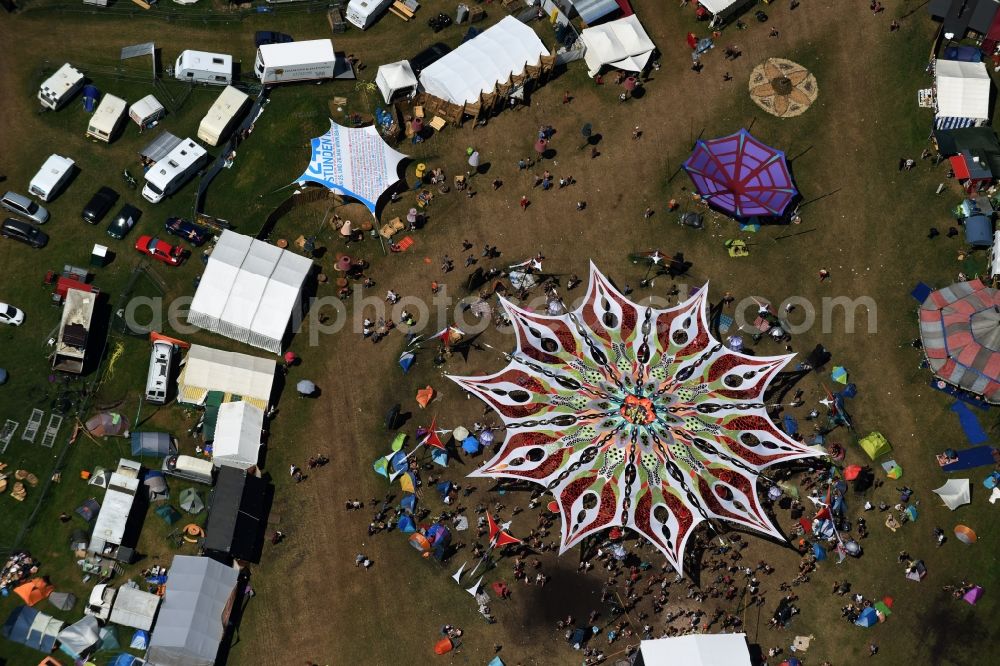 Aerial image Eldena - Participants in the Psychedelic Circus Festival - music festival on the event concert area in Eldena in the state Mecklenburg - Western Pomerania