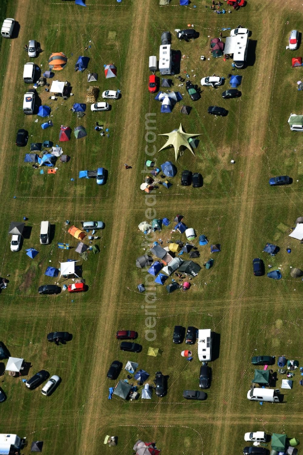 Aerial image Eldena - Participants in the Psychedelic Circus Festival - music festival on the event concert area in Eldena in the state Mecklenburg - Western Pomerania