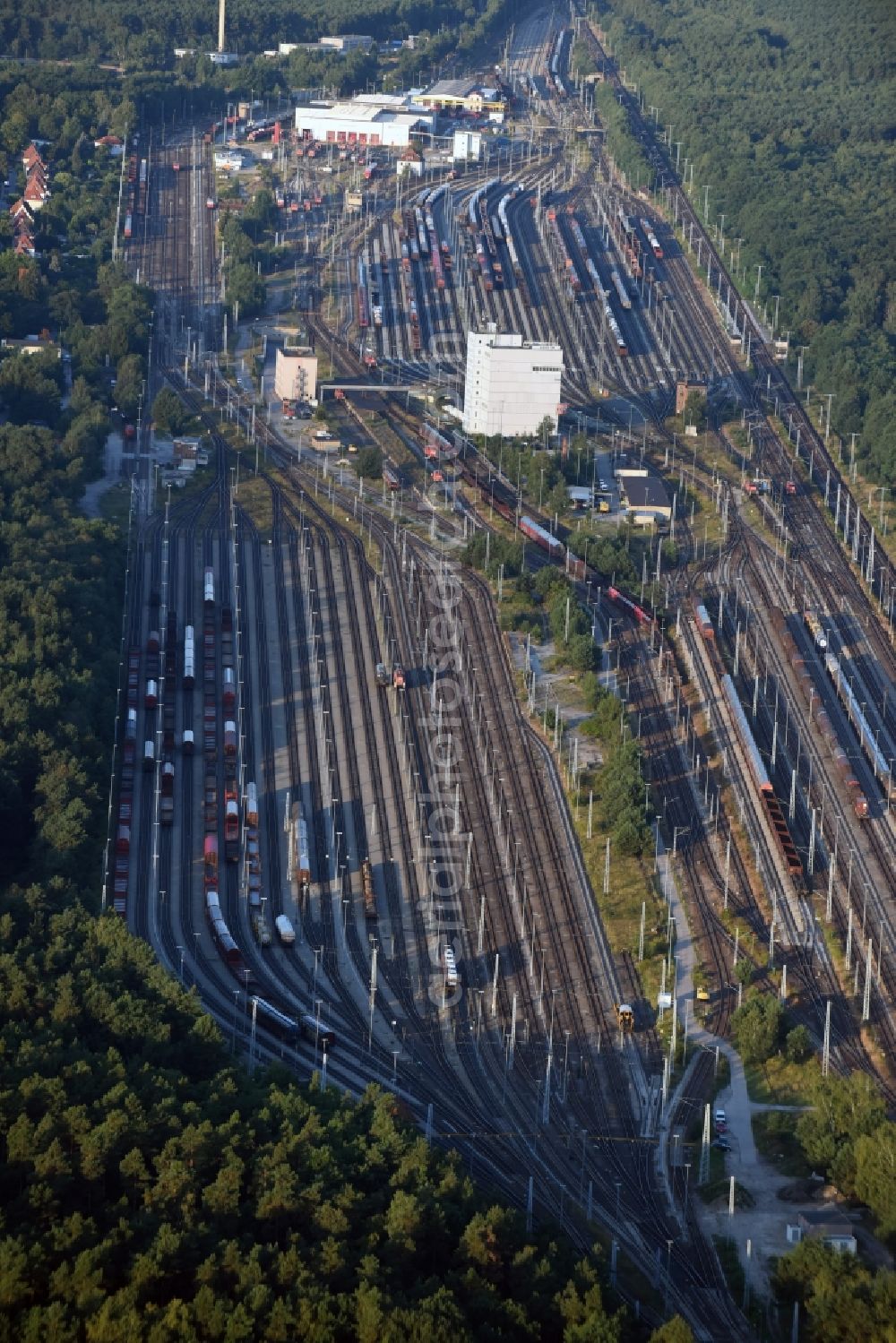 Seddiner See from the bird's eye view: Compound and facilities of Seddin Station and its rail tracks in the borough of Seddiner See in the state of Brandenburg. The train station Seddin is a railway station in Neuseddin in Brandenburg. It is one of the most important railway yards at DB InfraGO AG in East Germany